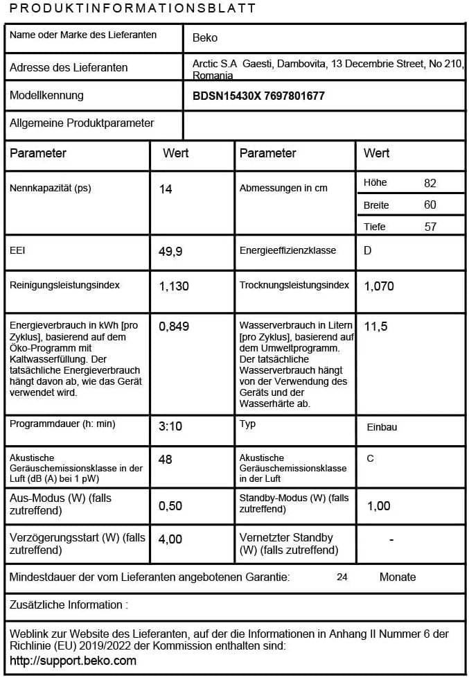 Beko BDIN16430 b300 zmywarka do zabudowy 60 cm w pełni zintegrowana, na 14 nakryć wymiarowych, 3 poziomy zmywania, 5 temperatur, 6 programów, połowa obciążenia, automatyczne otwieranie drzwi,