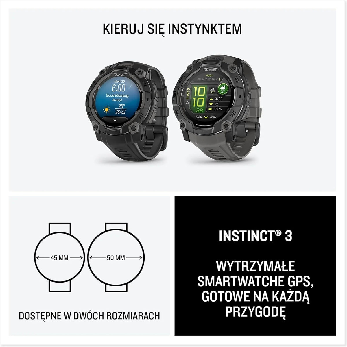 Garmin Instinct 3 SOLAR Wytrzymały Smartwatch GPS, 45 mm, Wbudowane Aplikacje Sportowe i Zdrowotne, Latarka LED, 10ATM, Sunburst