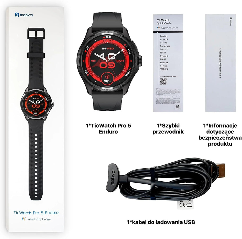 Ticwatch Pro 5 Enduro Smartwatch dla mężczyzn z systemem Android Wear OS Smart Watch 90 h, akumulator 110+, tryby treningowe 7/24, tętno 5 ATM, kompas GPS, nie jest kompatybilny z iPhonem