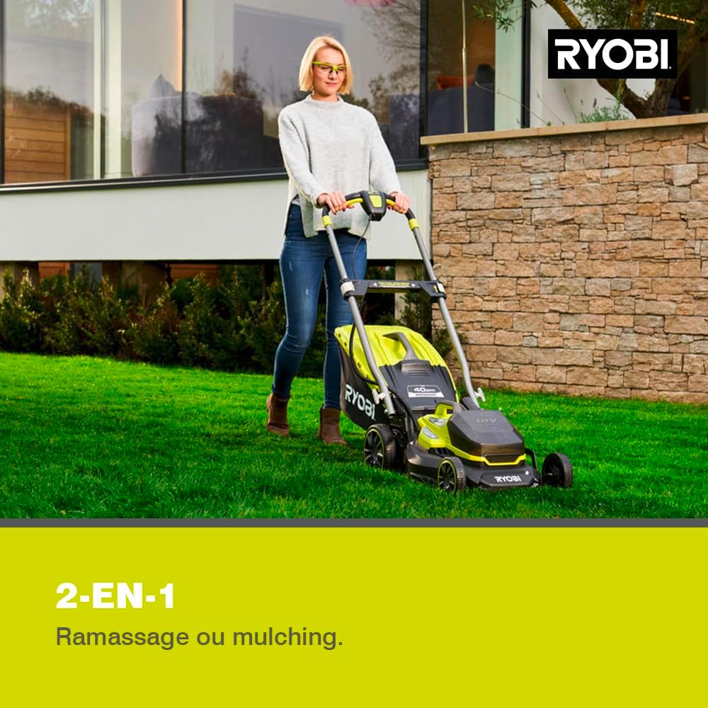 Ryobi Kosiarka 18 V, ‎RY18LMX40A-150, Silnik Bezszczotkowy, Szerokość Koszenia 40 cm, Regulacja Wysokości Koszenia, min. 25 mm, maks. 70 mm, Funkcja Mulczowania, Teleskopowa Rękojeść