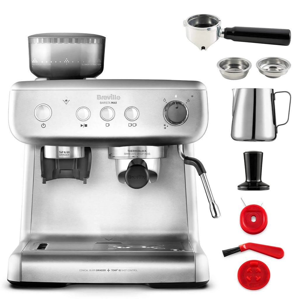 Breville Barista Max Ekspres do kawy Kolbowy VCF126X, Zbiornik na wodę 2.8L, Zintegrowany młynek do kawy i spieniacz do mleka, 15 Bar, Stal Szczotkowana