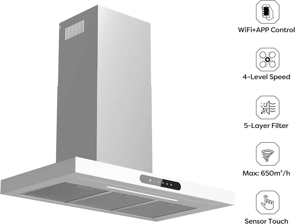 Ciarra Dynamic A+++ okap kuchenny 90 cm recyrkulacja CBCW9102 App SensorTouch sterowanie odprowadzanie powietrza okap wyciągowy 650 m³/h z możliwością przyciemniania oświetlenia LED okap ścienny stal