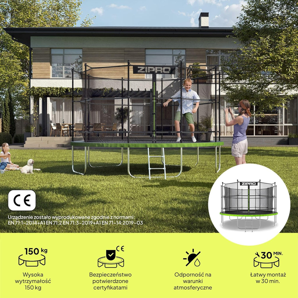ZIPRO JumpPro IN Trampolina Ogrodowa, Trampolina dla Dzieci, z Siatką Wewnętrzną, Odporna na Warunki, Ochrona UV, Udźwig 100-150 kg, Ø 183/252/312/374/435/496 cm