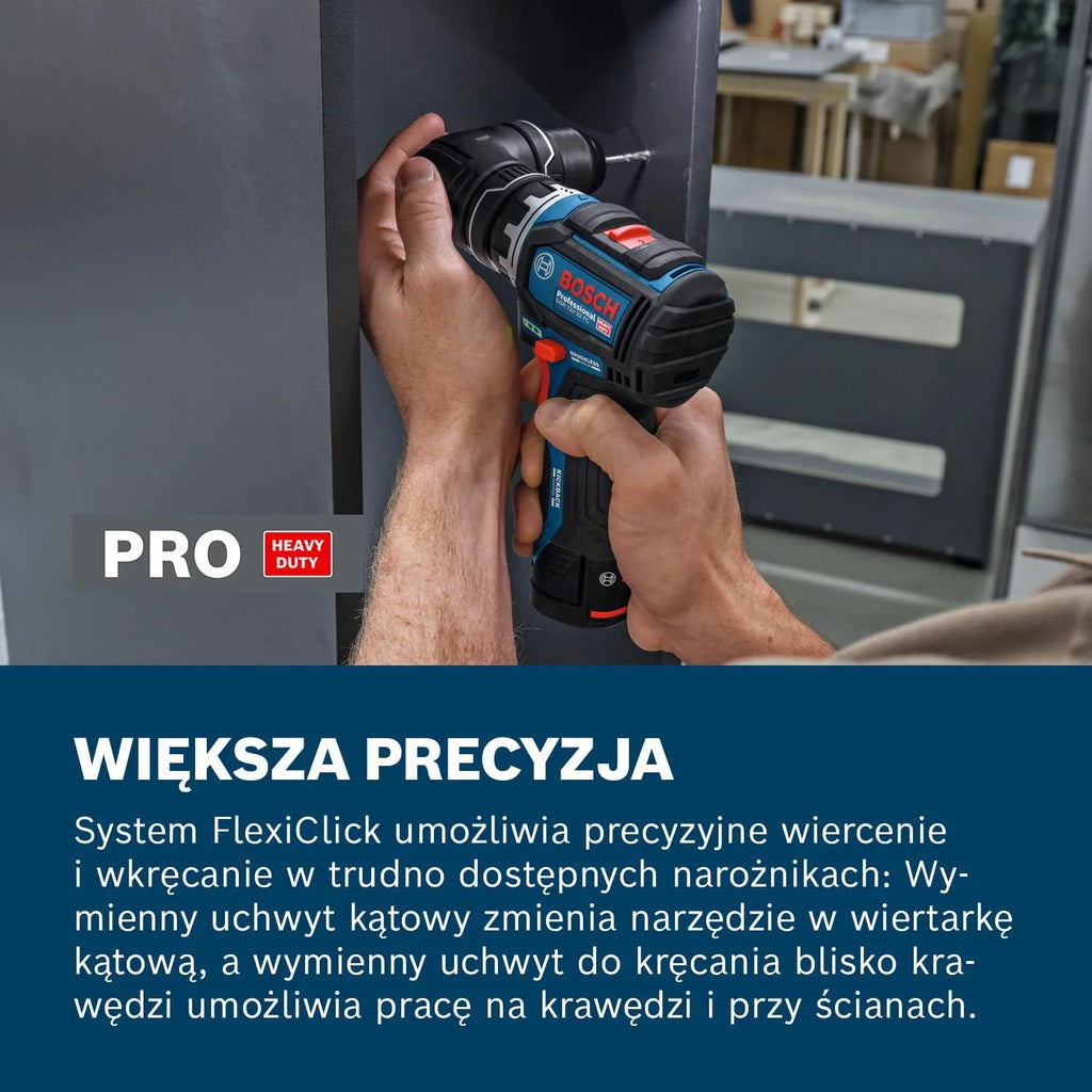Bosch PRO 18V System Wiertarko-wkrętarka akumulatorowa GSR12V-32FC (wymienne uchwyty: GFA 12-M, GFA 12-X, GFA 12-E, GFA 12-W, GFA 12-H, rękojeść dodatkowa, ogranicznik głębokości, walizka L-BOXX)