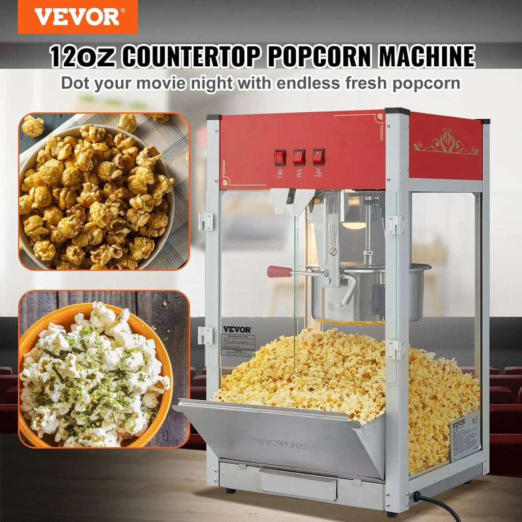 VEVOR Maszyna do popcornu – maszyna do popcornu 1440 W, z kociołkiem o pojemności 12 oz, na maks. 80 filiżanek na ładowanie, z hartowanego szkła i 3 łopatkami ze stali nierdzewnej