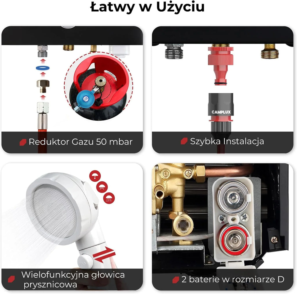CAMPLUX 10 litrów gazowy podgrzewacz wody z pompą wodną BW264BCP120-DE, bezzbiornikowy zewnętrzny prysznic gazowy do mycia koni/kemping/podróży RV, 50mbar, LPG