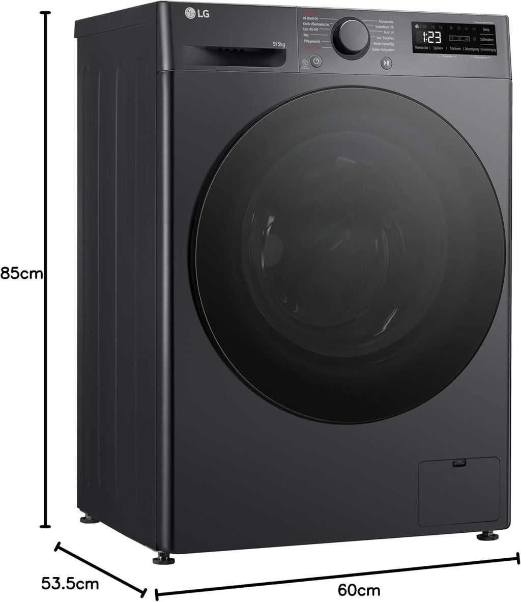 LG V5WD95SLIMB, klasa A/E, SLIM pralko-suszarka, 9-5 kg prania/suszenia, Wi-Fi, AI Direct Drive, głębokie czyszczenie parą, TurboWash 360°, bezpieczne drzwi szklane, AquaLock, 60 x 53,5 x 85 cm,