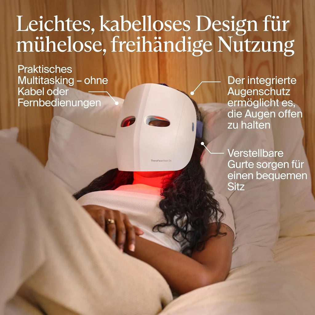 Therabody Mask Glo, LED Face Mask z czerwonym, niebieskim i Infared Light, wibracyjnym masażem, sznurkowym designem, regulowanymi paskami i ładowaniem USB-C
