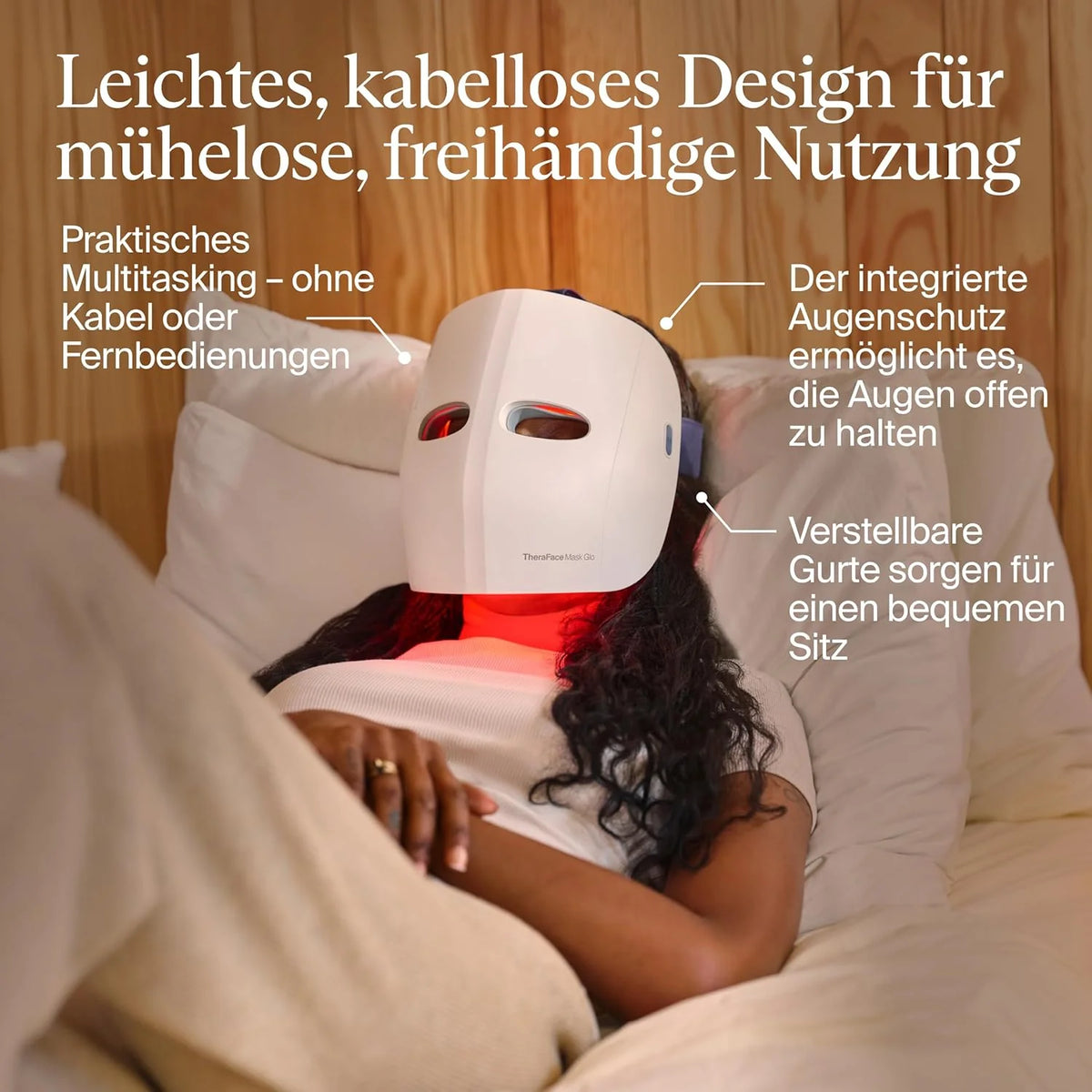 Therabody Mask Glo, LED Face Mask z czerwonym, niebieskim i Infared Light, wibracyjnym masażem, sznurkowym designem, regulowanymi paskami i ładowaniem USB-C