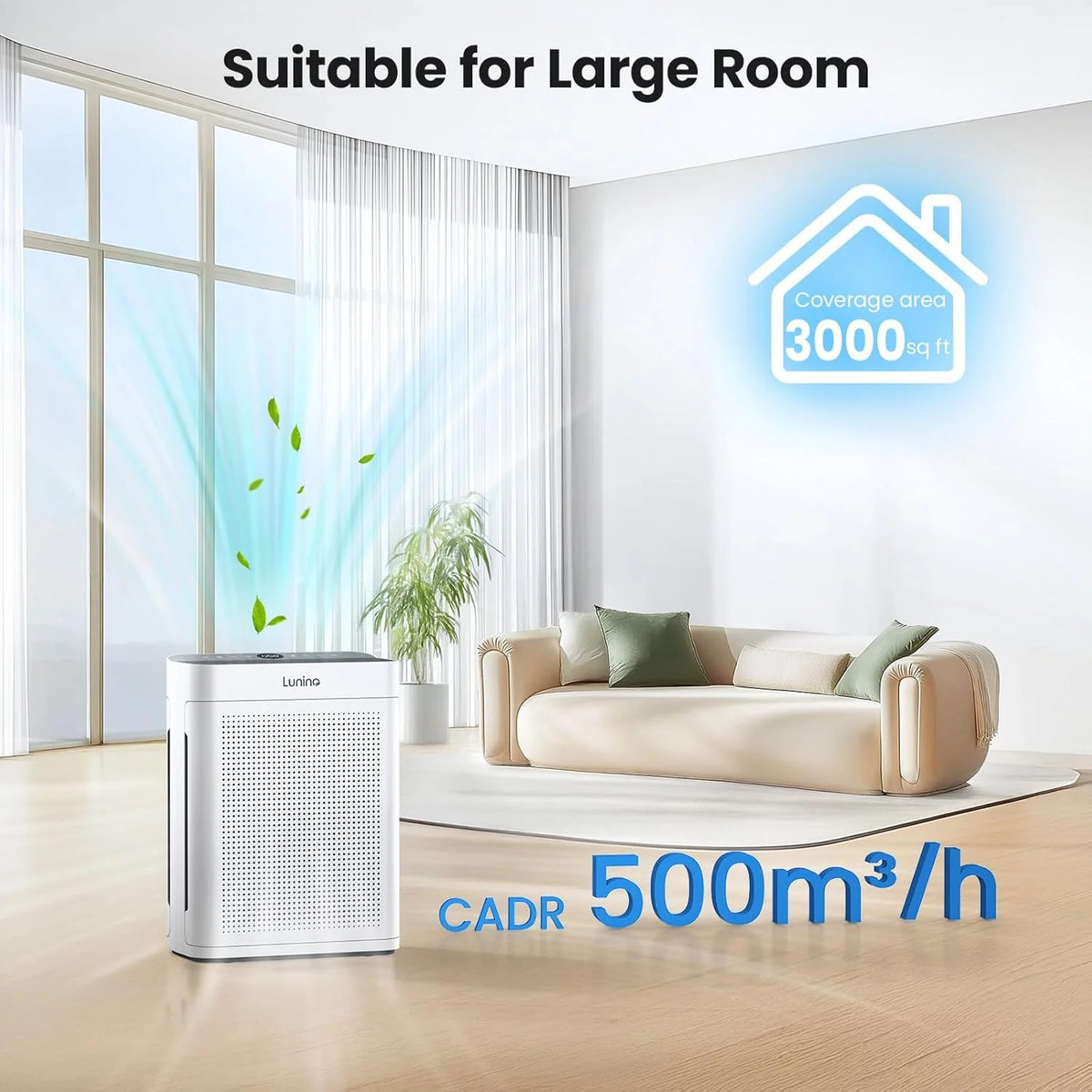 Oczyszczacze powietrza do domu, dużego pomieszczenia do 3000 m2, dwustronny oczyszczacz powietrza LUNINO HEPA z zmywalnym filtrem, wyświetlacz PM 2,5 czujniki jakości powietrza, oczyszczacz powietrza