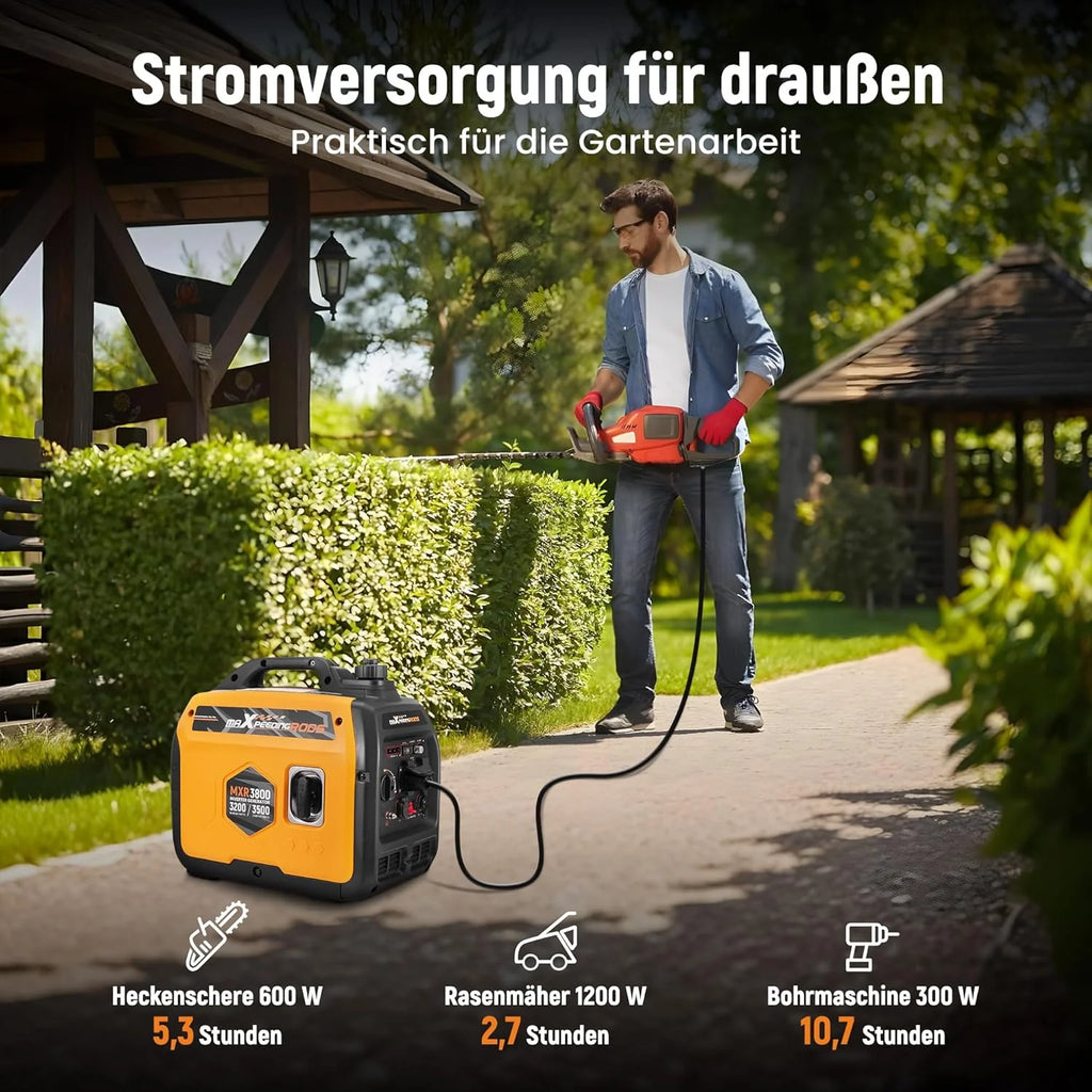 maXpeedingrods Inwerterowy generator prądu 3500 W, lekki i mobilny agregat prądotwórczy na benzynę, tryb ECO z 2 x 230 V / 2 x USB / 1 x 12 V DC gniazda wtykowe na kemping, festiwale, podróże