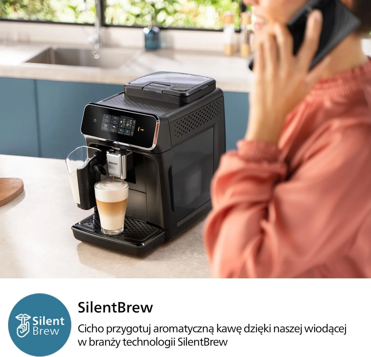 Philips z serii 2300 w pełni zautomatyzowany ekspres do kawy - 4 napoje, nowoczesny, kolorowy ekran dotykowy, LatteGo, SilentBrew, młynek w 100% ceramiczny, filtr AquaClean. Czarny, matowy (EP2330/10)