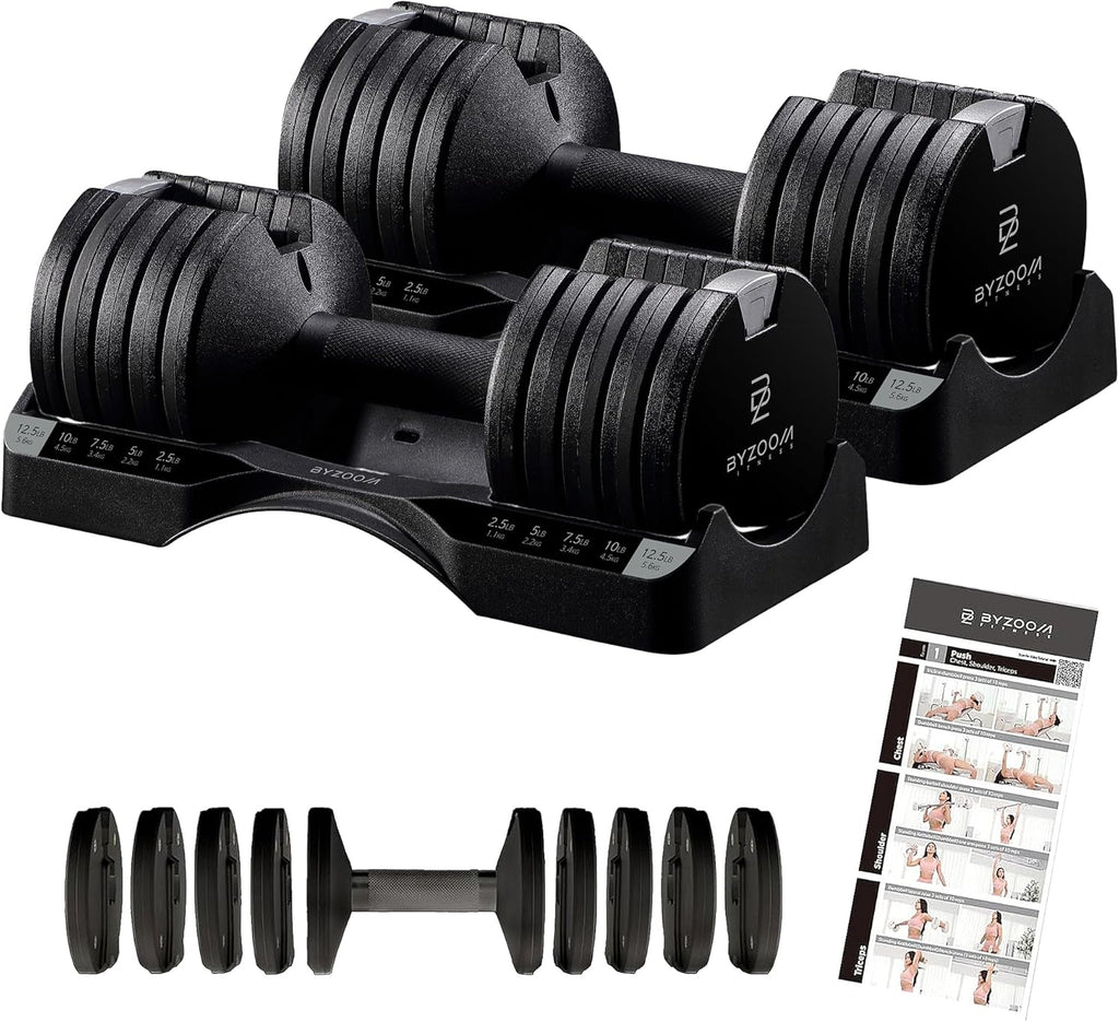 BYZOOM FITNESS Regulowane hantle – 12,5/11,3 kg pojedyncza jednostka LUB zestaw 5-12,7 cm - 1 regulowana waga do domowej siłowni, treningu siłowego i treningów fitness, biały lub czarny