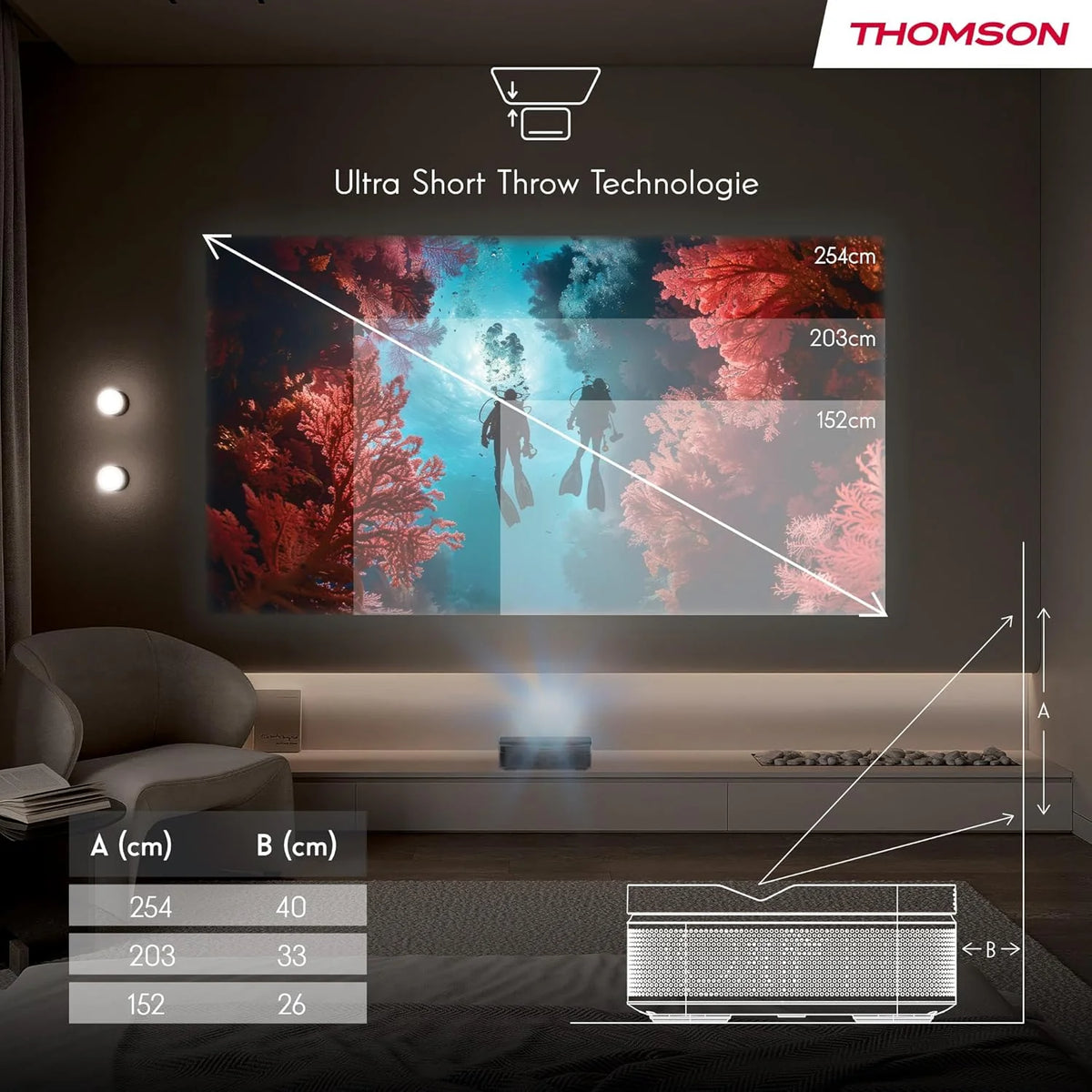 Thomson Sirius PG55B Inteligentny Projektor Laserowy RGB, Bardzo Krótki Rzut, Full HD 1080p, Google TV, 600 ANSI, Autofocus, HDR10+, Dolby Digital+, Bateria, WiFi, Bluetooth