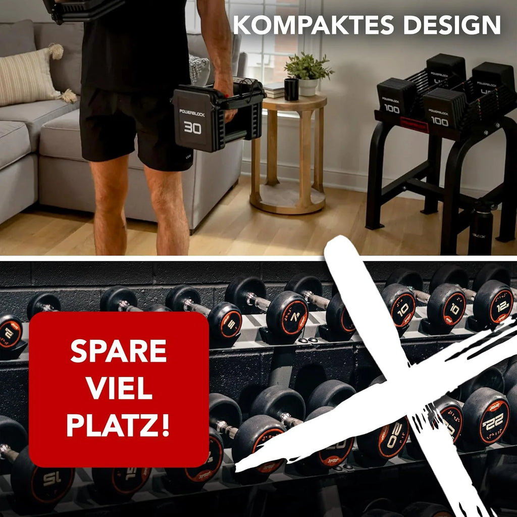 POWERBLOCK Pro 100 EXP Stage 1 - Regulowany zestaw hantli - 1-18 kg na hantel - Wytrzymała stalowa konstrukcja, możliwość rozbudowy - Do intensywnego użytkowania