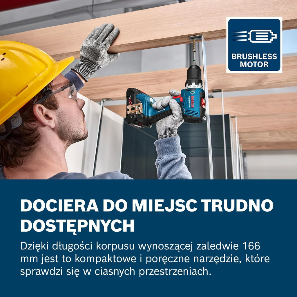 Bosch Professional 18 V firmy Bosch: wiertarko-wkrętarka akumulatorowa GSR 18V-65 (silnik bezszczotkowy, długość korpusu 166 mm, 2 akum. GBA 4.0Ah, 82-cz. zestaw osprzętu, walizka L-Case)