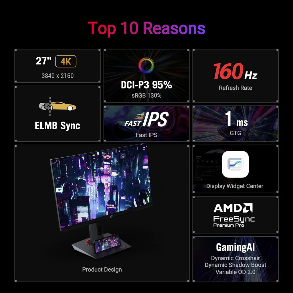ASUS ROG Strix XG27UCS 27 4K UHD Gaming Monitor (3840x2160), 160Hz, 1ms (GTG), Fast IPS, Extreme Low Motion Blur Sync, USB Type-C, G-Sync, DisplayWidget Center, gniazdo statywu, HDR