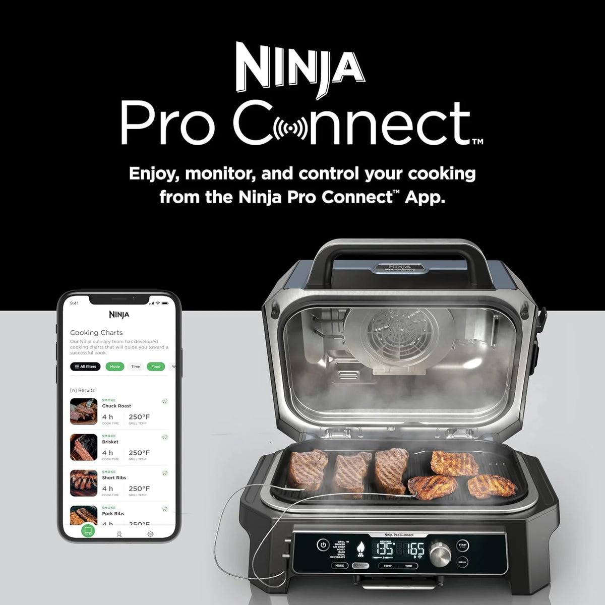 Grill i wędzarnia zewnętrzna Ninja Woodfire Pro XL 2026, termometr, grill Master 4 w 1, wędzarnia BBQ, frytkownica powietrzna na zewnątrz, piekarnik, przenośny, grill elektryczny, ciemnoszary, model OG850