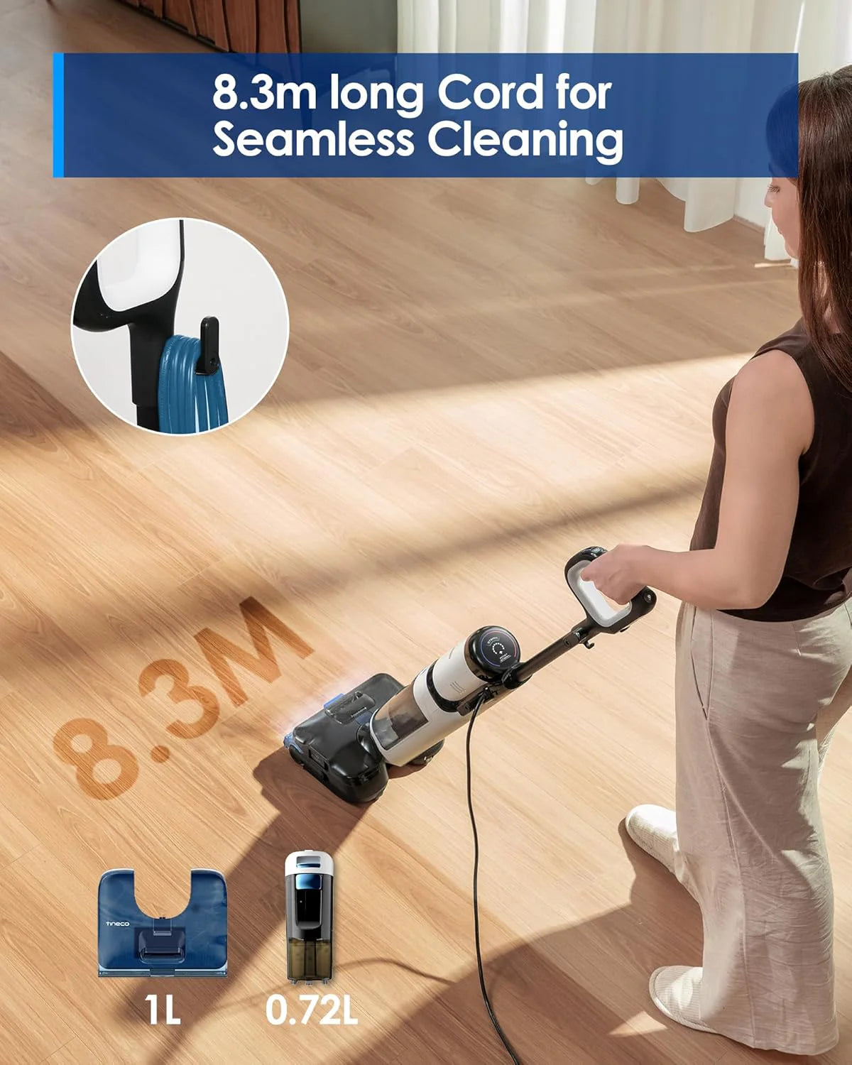 Tineco Odkurzacz parowy FLOOR ONE S6 Stretch Steam, czyszczenie parowe w wysokiej temperaturze 160 ℃, płaska pozycja 180°, automatyczne czyszczenie FlashDry, kabel o długości 8,3 m