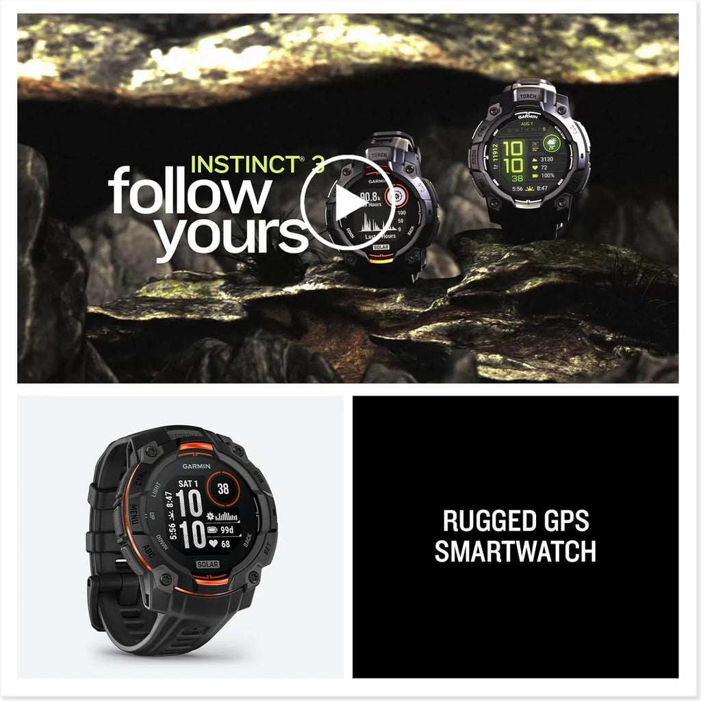 Garmin Instinct 3 SOLAR Wytrzymały Smartwatch GPS, 45 mm, Wbudowane Aplikacje Sportowe i Zdrowotne, Latarka LED, 10ATM, Sunburst