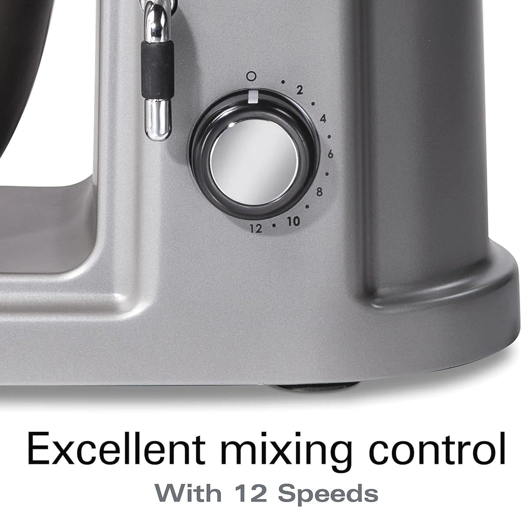 Hamilton Beach Professional Metalowy blender stojący ze specjalnym pojemnikiem mocującym, miska o pojemności 5 litrów, 12 prędkości, w zestawie płaska trzepaczka, hak do ciasta, trzepaczka (63240)