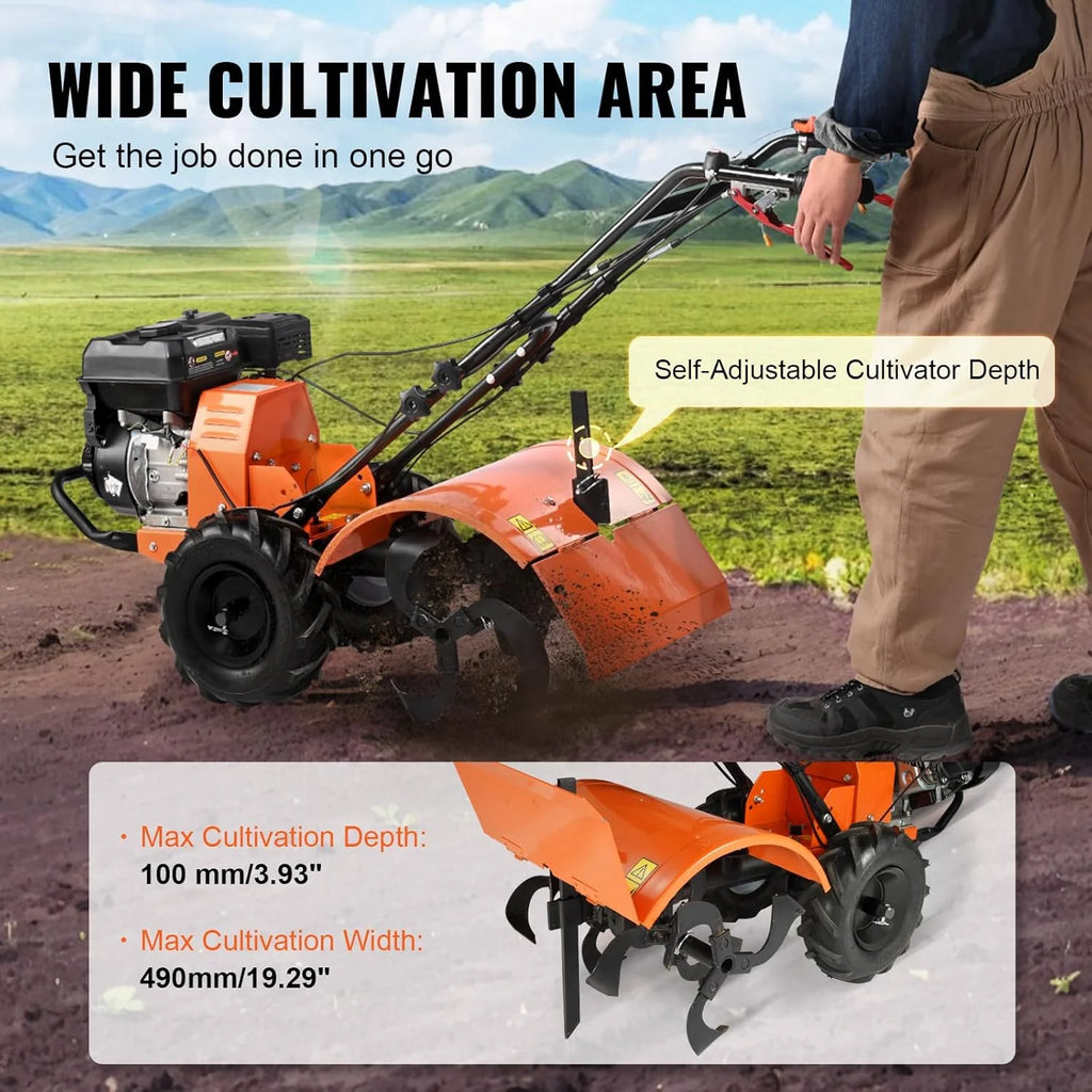 VEVOR frezarka ogrodowa 212CC pojemność silnika napędzana gazem 490 mm szerokość montażowa frez silnikowy 100 mm głębokość uprawy siekacz 65 Mn frez kultywacyjny 1680 x 500 x 1000 mm kultywator