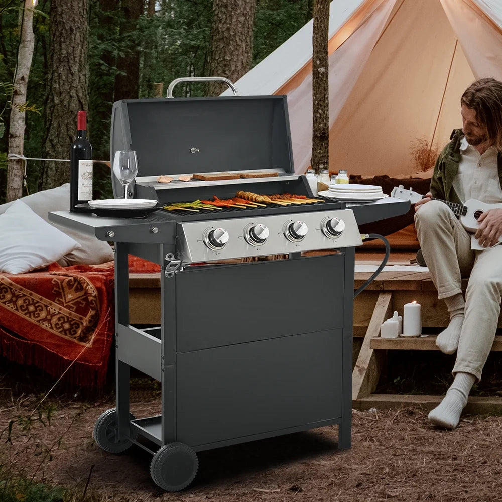 Grill gazowy SEGMART 2026 ze stali nierdzewnej z 4 palnikami – 34 200 BTU, do ogrodu/na taras z dwiema składanymi półkami i termometrem, idealny na kemping i do gotowania na świeżym powietrzu