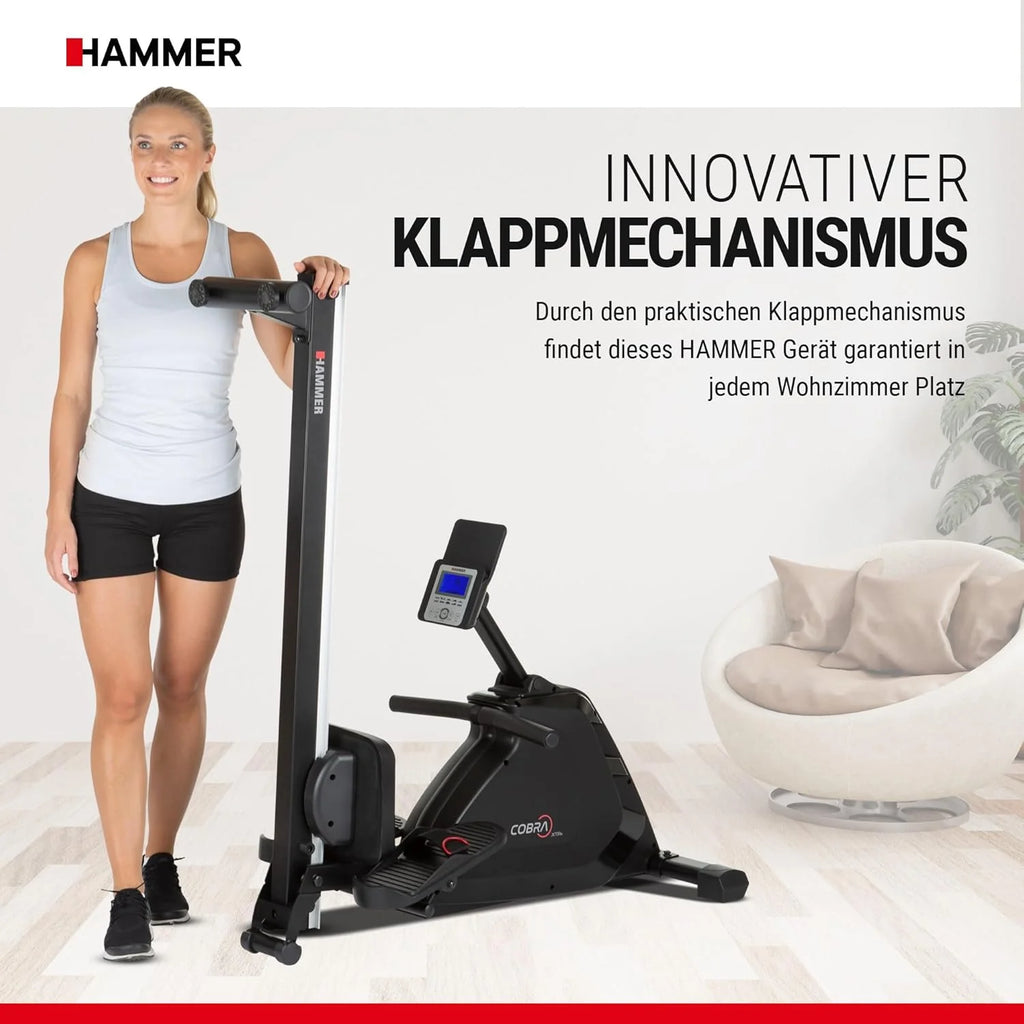 HAMMER Wioślarz Cobra XTR Plus II do domu – wioślarz z innowacyjnym komputerem treningowym, uchwytem na smartfon/tablet, do 130 kg wagi użytkownika, 232 x 55 x 75 cm, kolor czarny, 4532