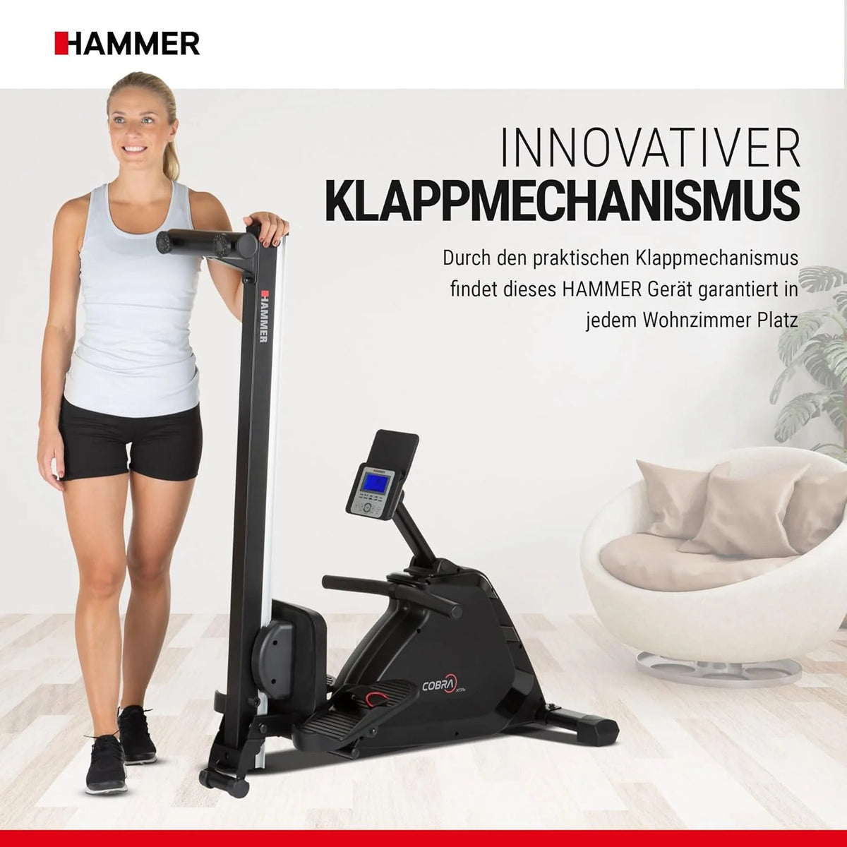 HAMMER Wioślarz Cobra XTR Plus II do domu – wioślarz z innowacyjnym komputerem treningowym, uchwytem na smartfon/tablet, do 130 kg wagi użytkownika, 232 x 55 x 75 cm, kolor czarny, 4532