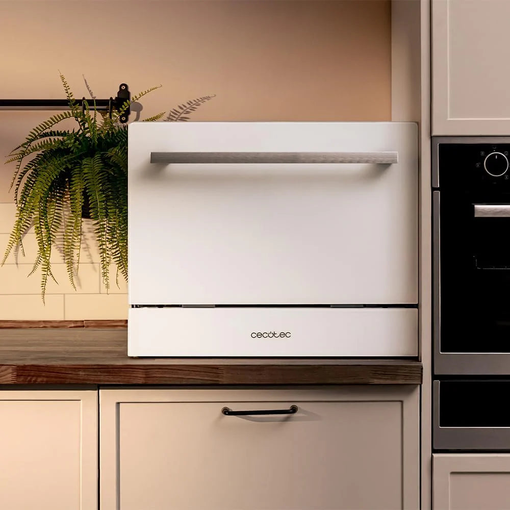 Cecotec Kompaktowa zmywarka 6 sztućców Bolero Aguazero 2400 White Glass. 1380W, białe szkło wykończone, 5 programów, panel dotykowy sterowania, programowalny do 24 h, blokada Child Lock i kosz na