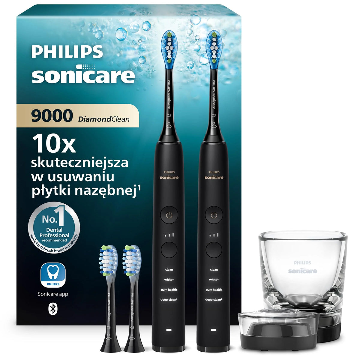 Szczoteczka elektryczna Philips Sonicare DiamondClean 9000, podwójne opakowanie, szczoteczka soniczna z aplikacją, czujnik nacisku, szklanka do ładowania, kolor biały, model HX9914/62