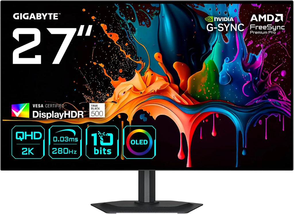 GIGABYTE MO27Q28G 27-calowy monitor gamingowy QHD OLED - 2560 x 1440, 280 Hz, 0,03 ms, 335 CD/m², wyświetlacz HDR True Black 500, HDMI 2.1, DisplayPort 1.4