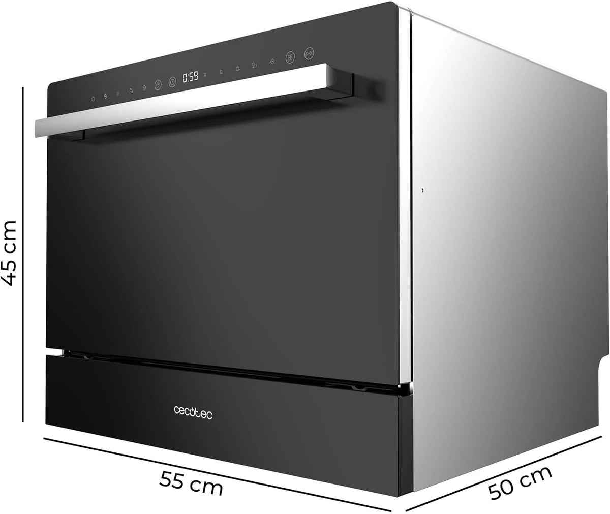 Cecotec Kompaktowa zmywarka 6 sztućców Bolero Aguazero 2400 White Glass. 1380W, białe szkło wykończone, 5 programów, panel dotykowy sterowania, programowalny do 24 h, blokada Child Lock i kosz na
