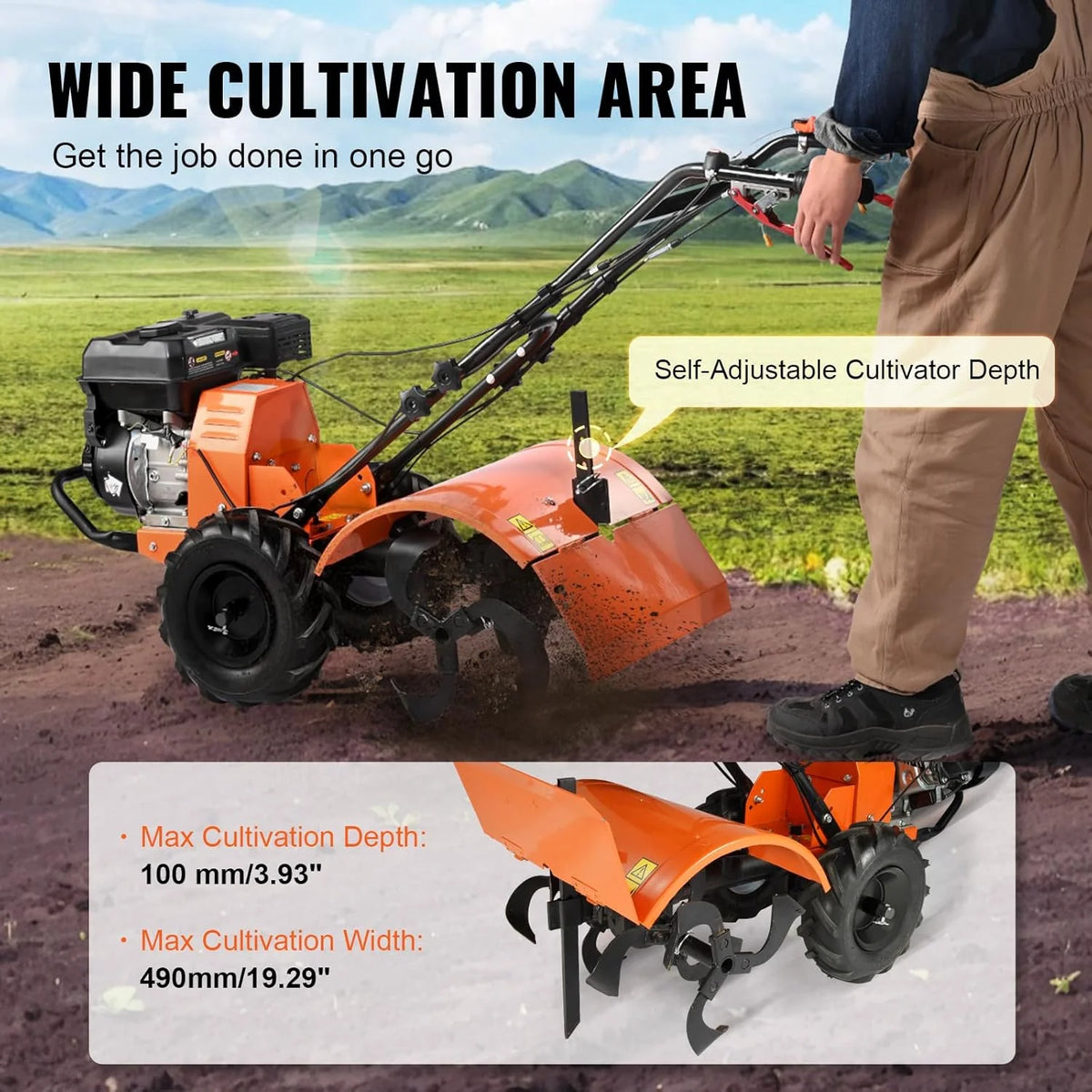 VEVOR frezarka ogrodowa 212CC pojemność silnika napędzana gazem 490 mm szerokość montażowa frez silnikowy 100 mm głębokość uprawy siekacz 65 Mn frez kultywacyjny 1680 x 500 x 1000 mm kultywator