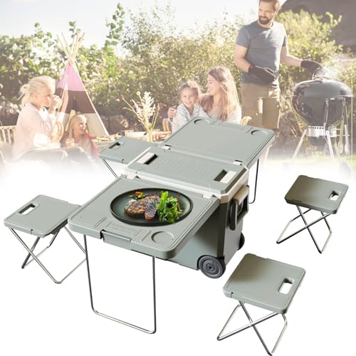 Izolowana lodówka turystyczna na kółkach ze składanym stołem i krzesłem na kemping i piknik, wielofunkcyjna do przechowywania i chłodzenia