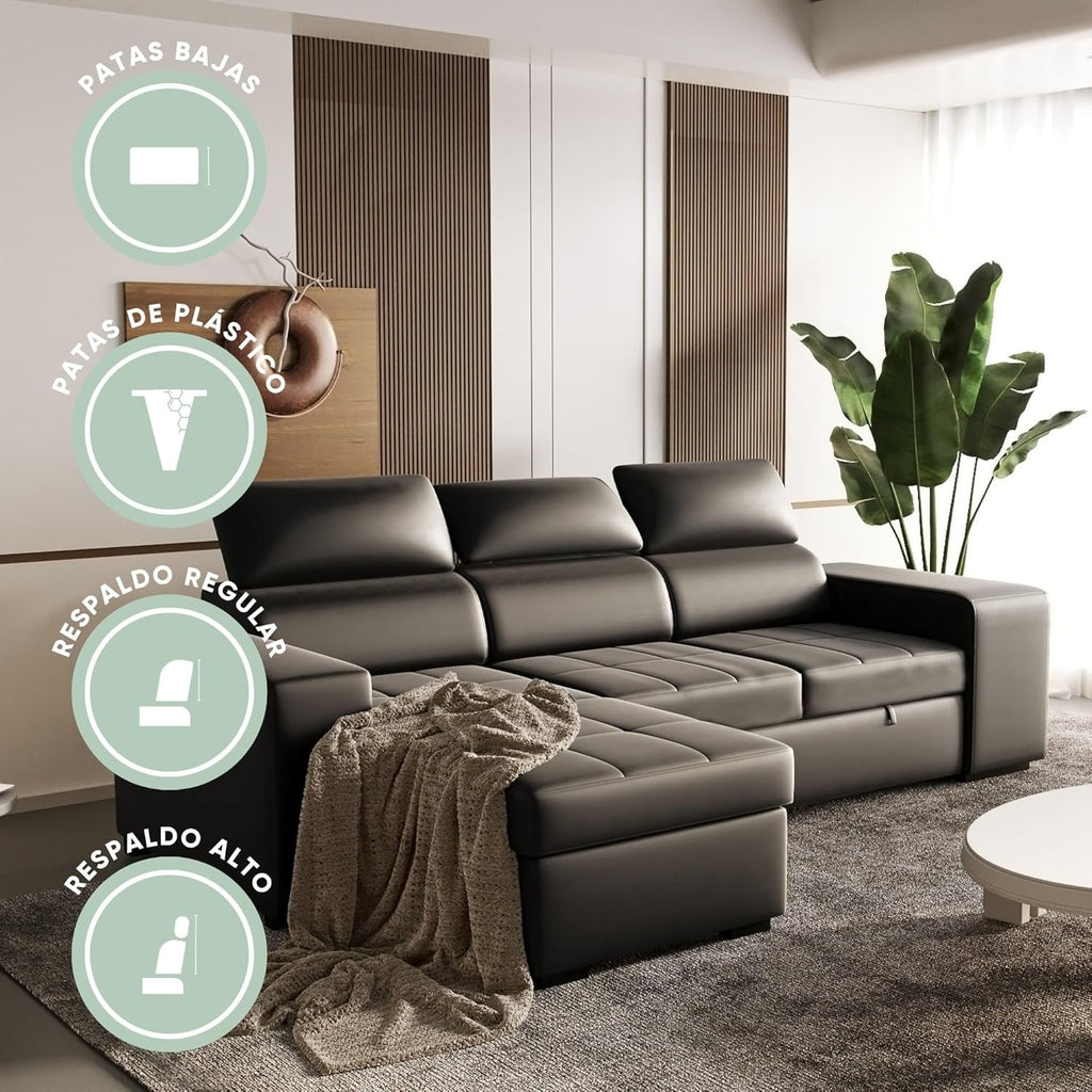Sofa narożna BUDWING John 4-osobowa z funkcją spania – rozkładana leżanka, regulowany zagłówek i 2 pufy – tapicerowana poliuretanem – styl nowoczesny – 263 x 161 x 96 cm – kolor czarny
