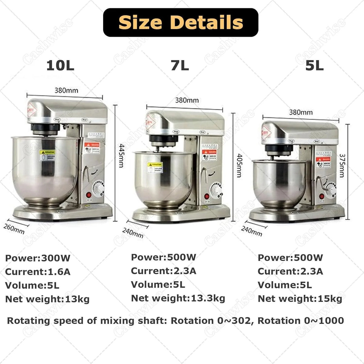 Komercyjny mikser kuchenny z hakiem do ciasta i mieszadłem, mikser stojący ze stali nierdzewnej o mocy 300 W/500 W, pojemność 5 l/7 l/10 l, 3-biegowy elektryczny mikser do ciasta StainlessSteel-7L