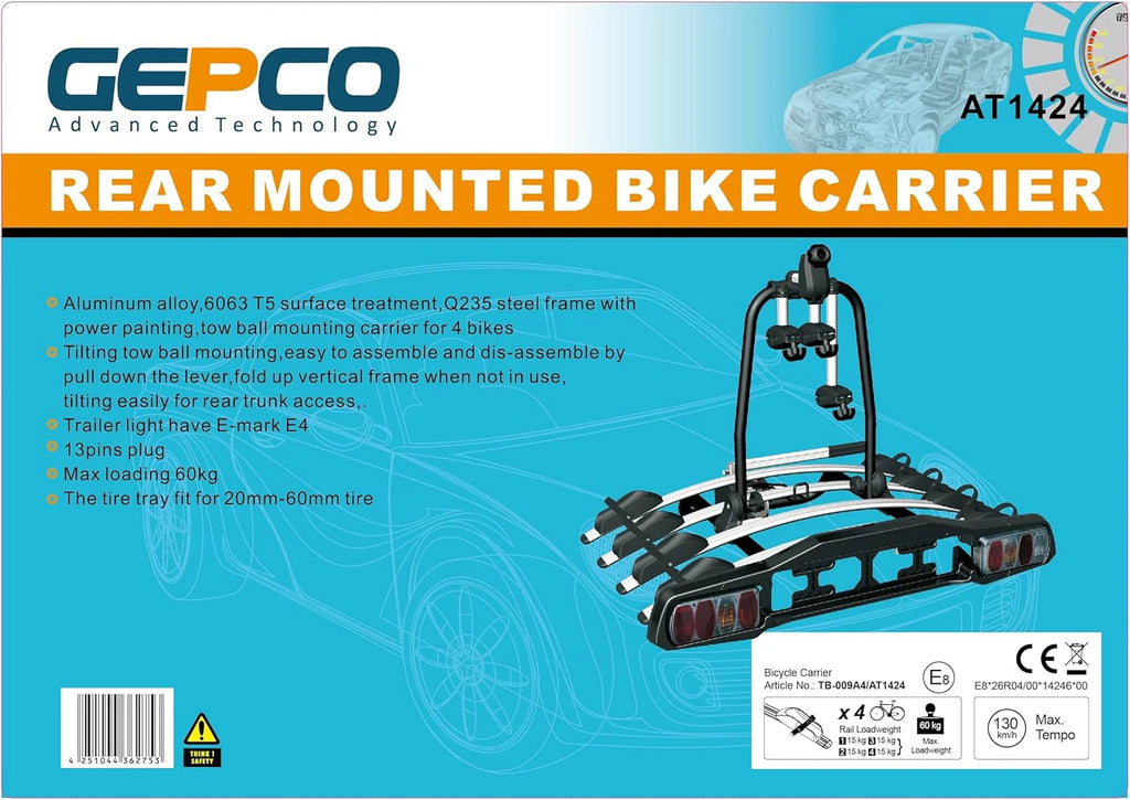 GEPCO Bagażnik rowerowy na 4 rowery do 60 kg, na hak holowniczy, składany, składany, zamykany, z tylnym światłem E4, wstępnie zmontowany, aluminiowy, do transportu rowerów