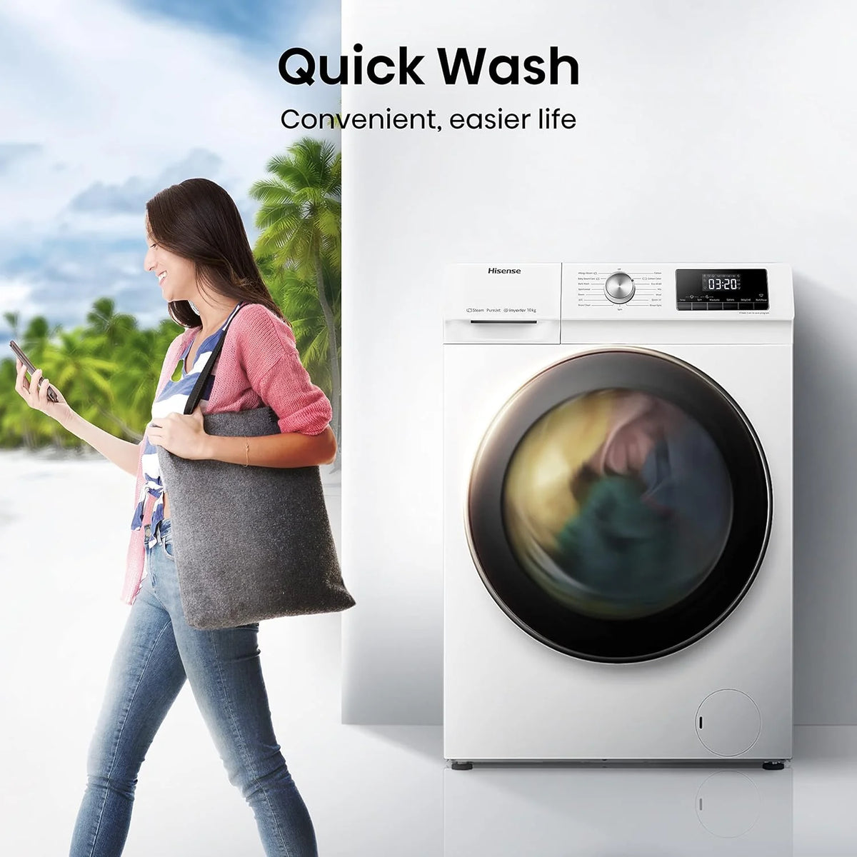Hisense WF3S8043BW3 pralka z funkcją pary, 8 kg, 1400 obr./min, WiFi, ConnectLife, Power JetWash, program antyalergiczny, Aqua Stop, Auto Wash, Quick Wash, klasa efektywności energetycznej A-30%
