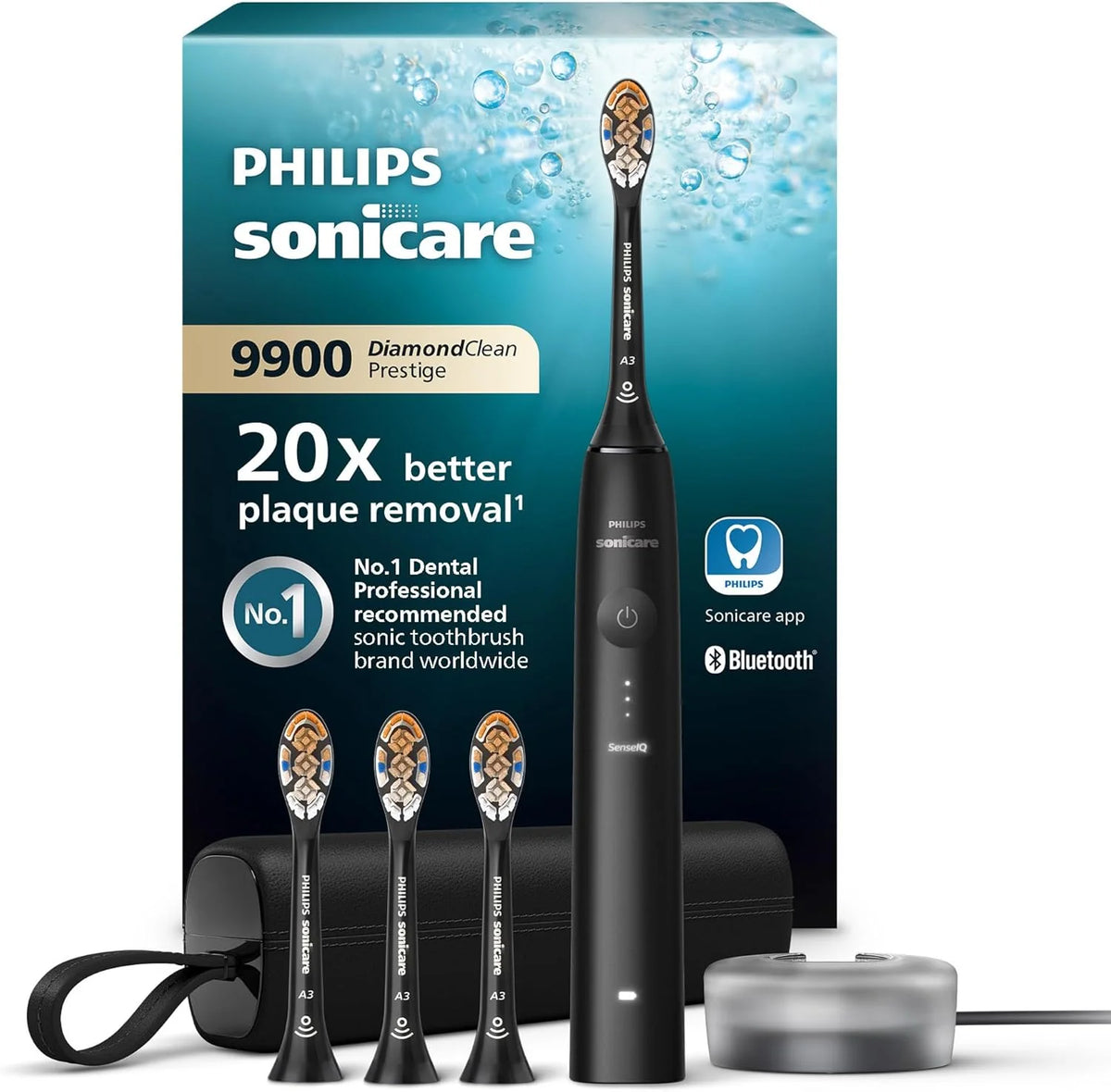 Philips Sonicare DiamondClean 9900 Prestige Elektryczna szczoteczka do zębów z technologią i aplikacją SenseIQ, 5 trybów szczotkowania, etui podróżne do ładowania, kolor czarny, model HX9992/43