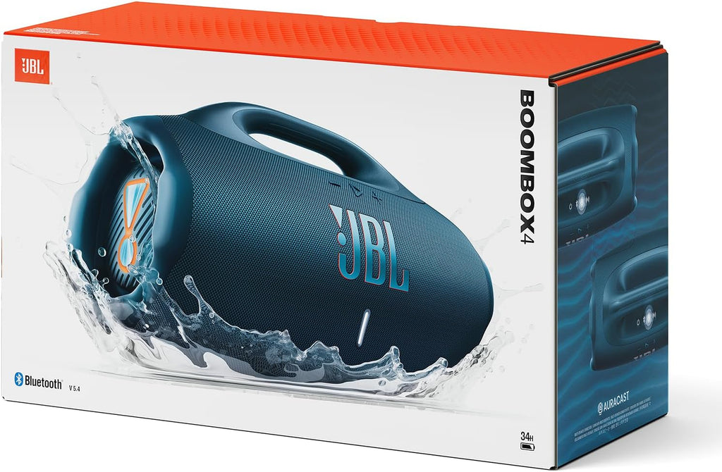 JBL Boombox 4 – przenośny głośnik Bluetooth z dźwiękiem JBL Pro Sound i AI Sound Boost, wodoodporny, pyłoszczelny (IP68), do 34 h odtwarzania, Auracast, 2 tryby wzmocnienia basu, niebieski