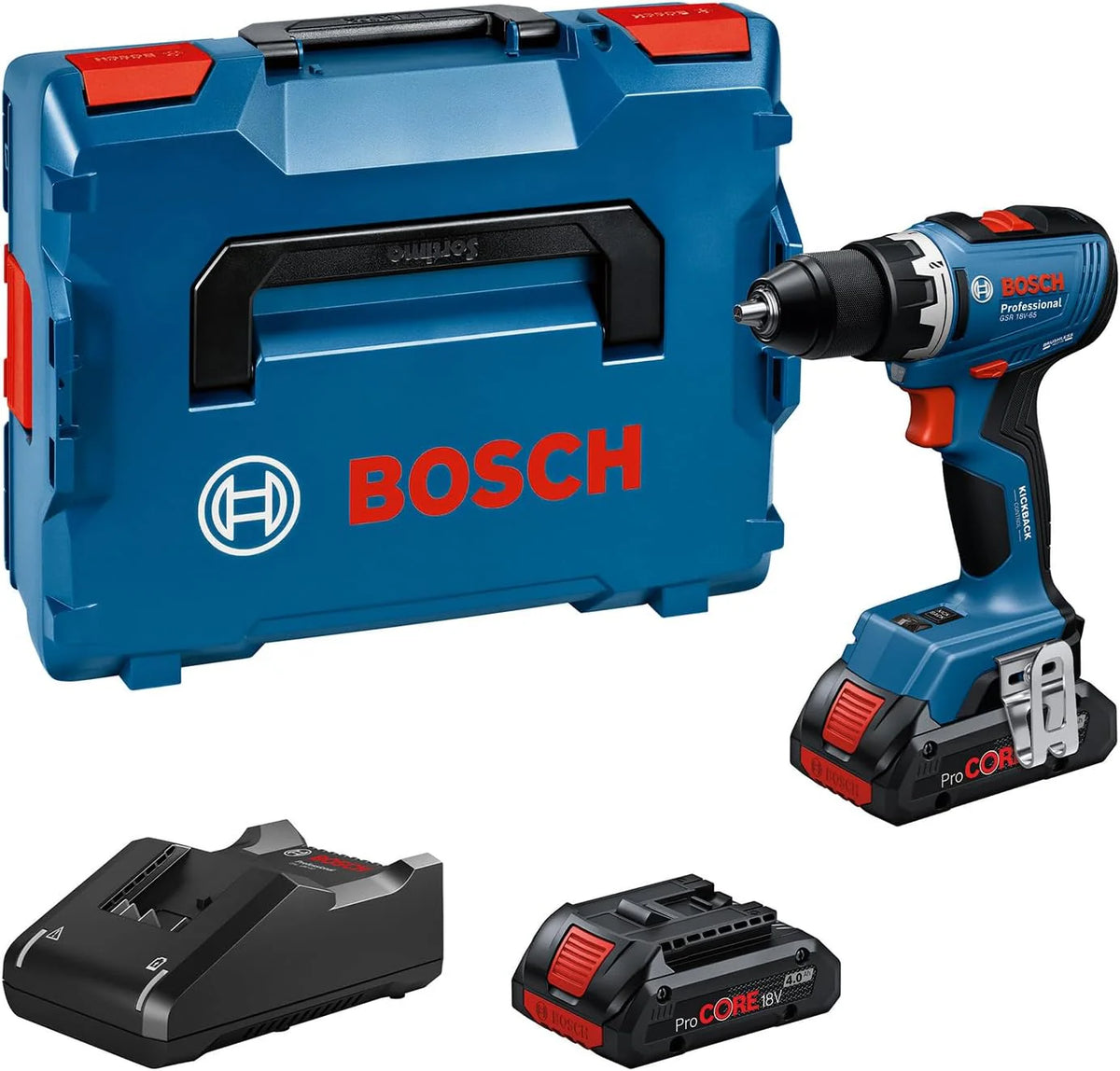 Bosch Professional 18 V firmy Bosch: wiertarko-wkrętarka akumulatorowa GSR 18V-65 (silnik bezszczotkowy, długość korpusu 166 mm, 2x ProCORE18V 4.0Ah, walizka L-BOXX)