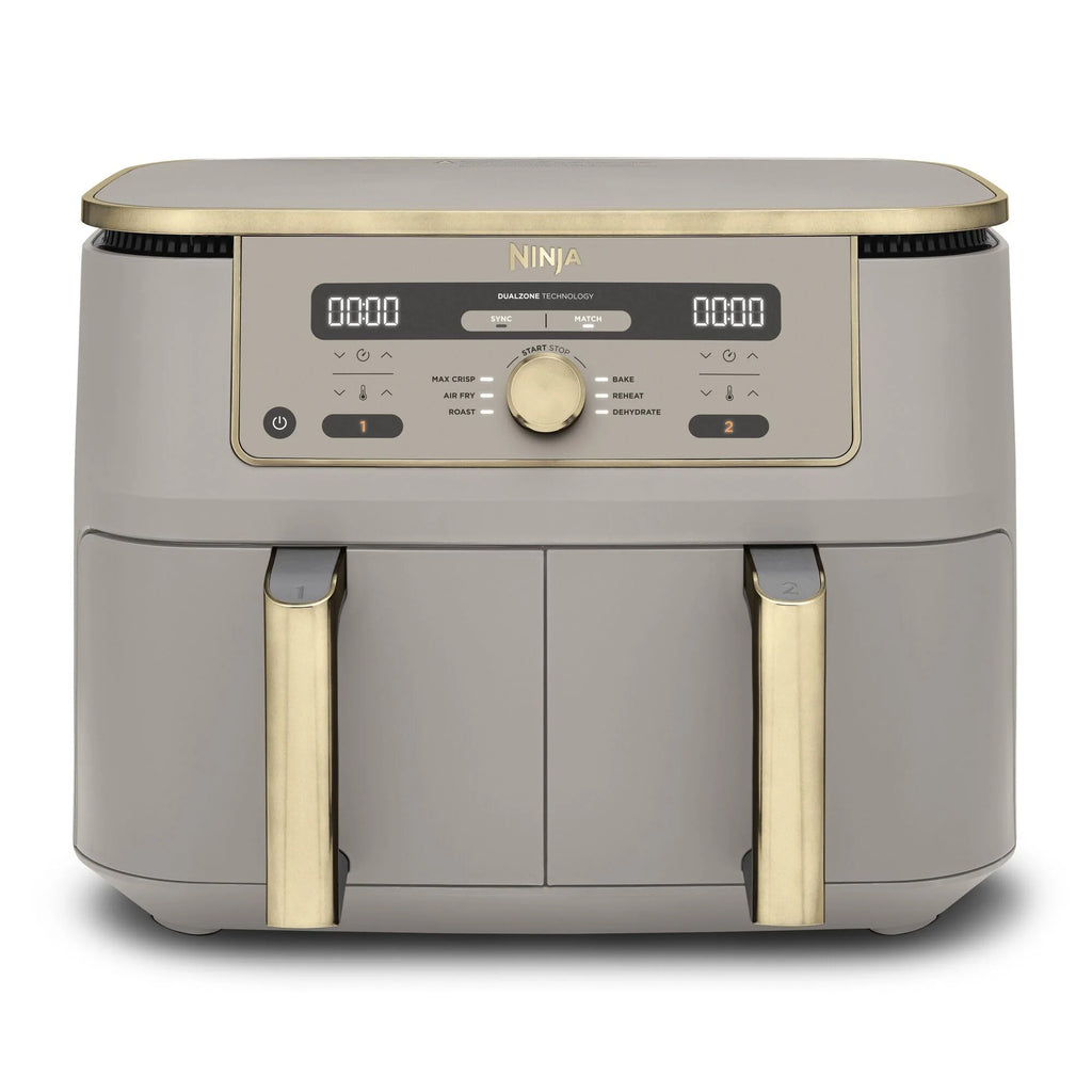 Ninja MAX Dwustrefowa frytkownica, 2 szuflady, 9,5 l, zero oleju, Air Fry, Max Crisp, Roast, Bake, Reheat, Dehydrate, nieprzywierające kosze do mycia w zmywarce, Złoty odcień kamienia, DZ400EUSTGD