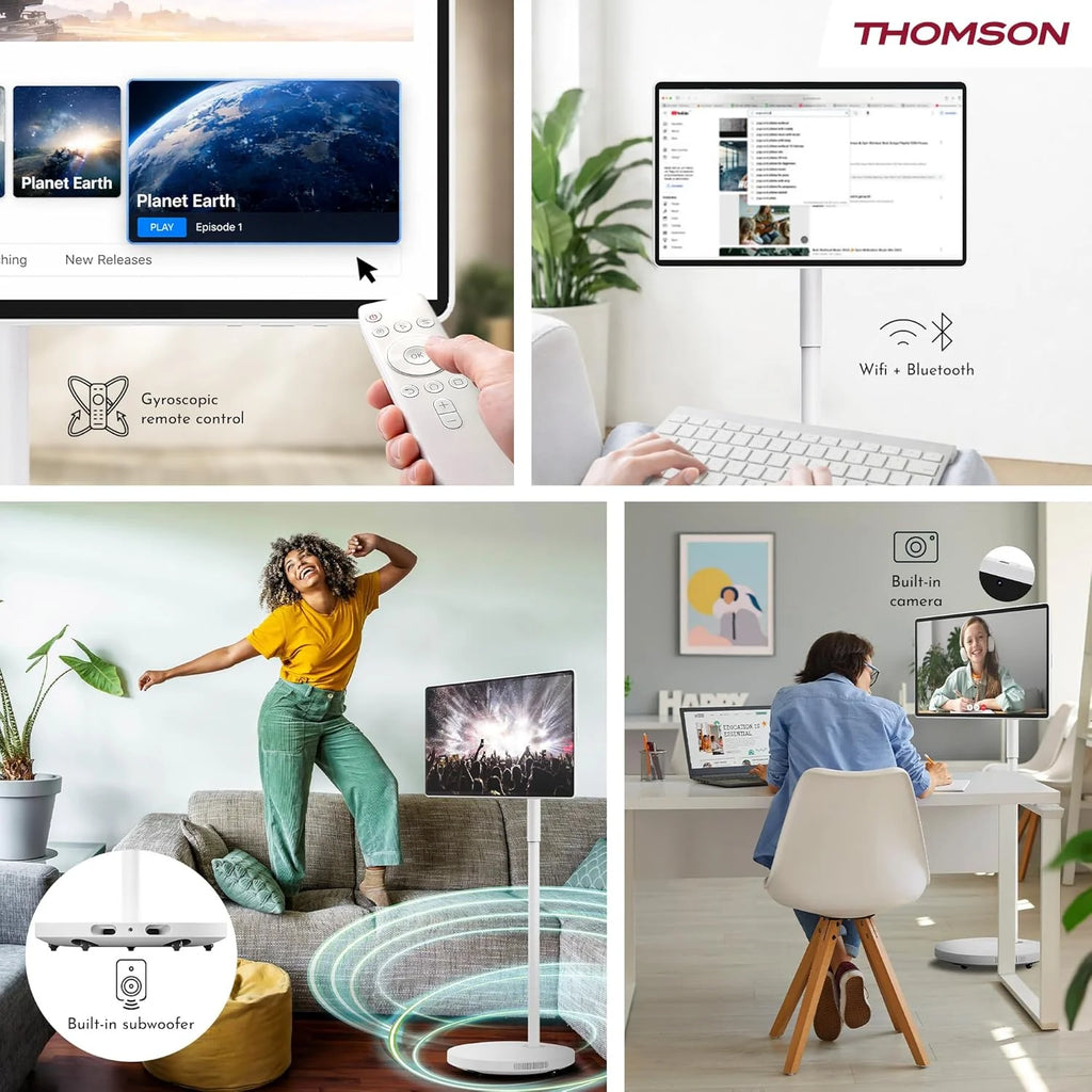 Thomson Go Plus Pro 27-calowy (69 cm) 4K UHD Inteligentny Ekran Dotykowy, Android, Sterowanie Głosowe, Hotspot, Bateria 9000 mAh, Kamera 5MP, Subwoofer, WiFi 6, Bluetooth, Przenośny Stojak