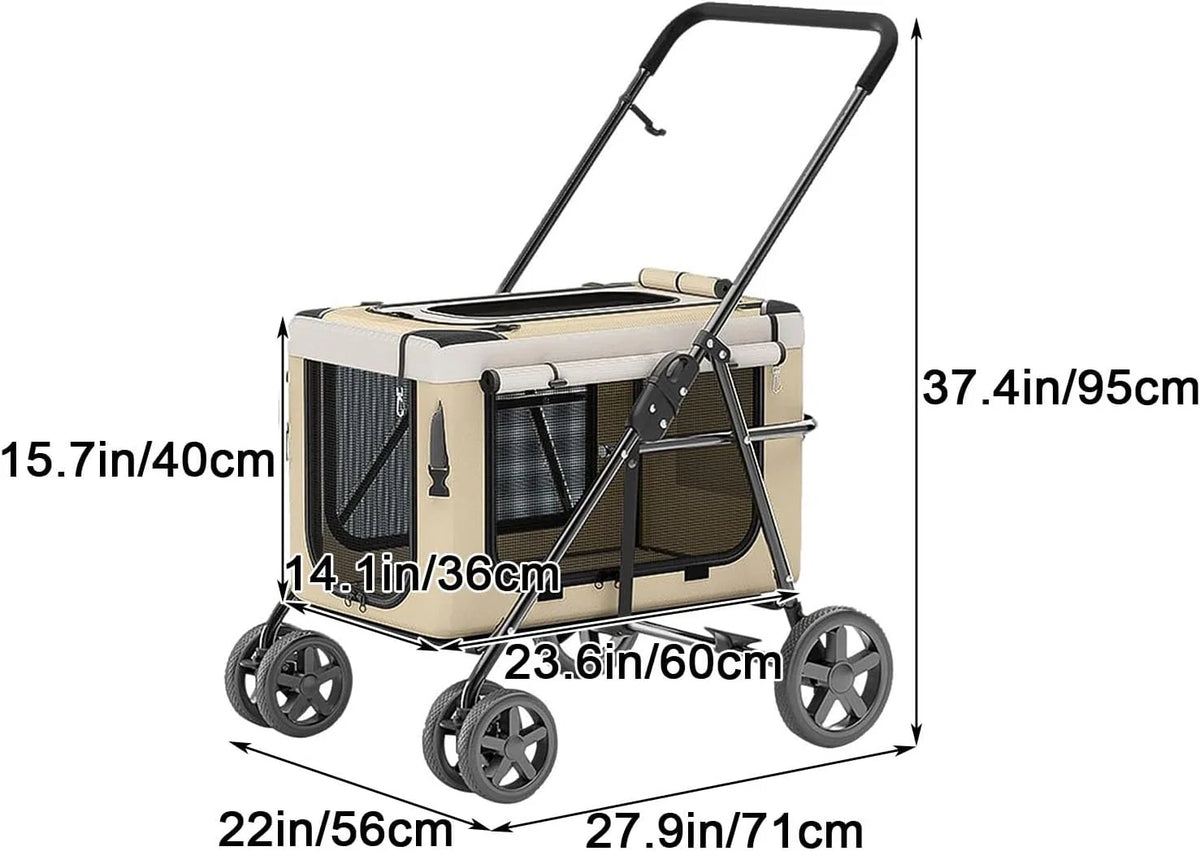 Dog Stroller, Cat Stroller, Pet Stroller, Portable Removable Carrier, with Top Mesh Windows, Breathable, Available in a Variety of Colors(Khaki)