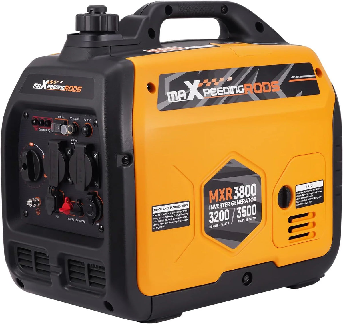 maXpeedingrods Inwerterowy generator prądu 3500 W, lekki i mobilny agregat prądotwórczy na benzynę, tryb ECO z 2 x 230 V / 2 x USB / 1 x 12 V DC gniazda wtykowe na kemping, festiwale, podróże