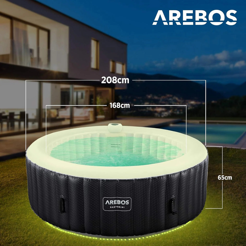 Arebos Nadmuchiwane Spa | Automatyczny nadmuchiwany | do wnętrz i na zewnątrz | 208 cm | 6 osób | Listwa świetlna LED | 130 dysz masujących | 1000 litrów | z pokrywką | Spa i dobre samopoczucie