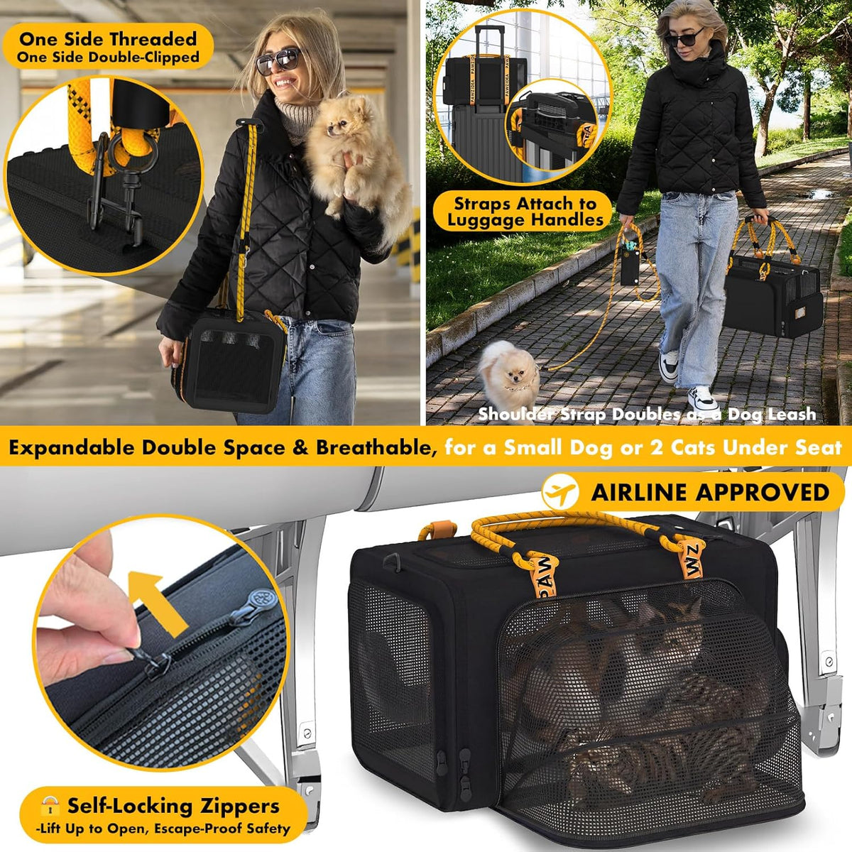 PAWZIDEA Podwójny wózek dla zwierząt domowych, dla 2 kotów, psów, małych i średnich, zatwierdzony przez TSA, transporter dla kota, rozszerzalny, ze zdejmowaną torbą do przenoszenia, 2 x zdejmowany