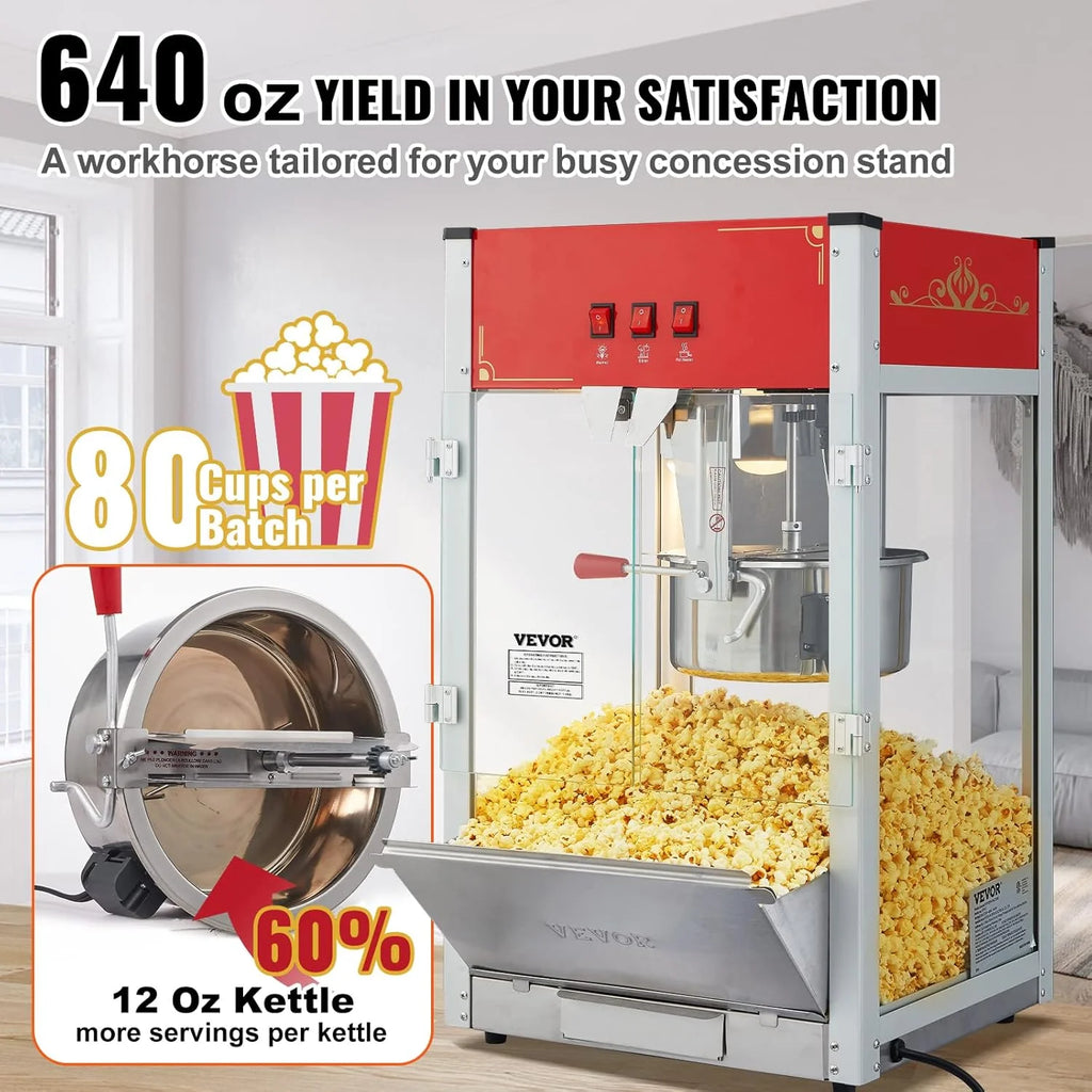 VEVOR Maszyna do popcornu – maszyna do popcornu 1440 W, z kociołkiem o pojemności 12 oz, na maks. 80 filiżanek na ładowanie, z hartowanego szkła i 3 łopatkami ze stali nierdzewnej