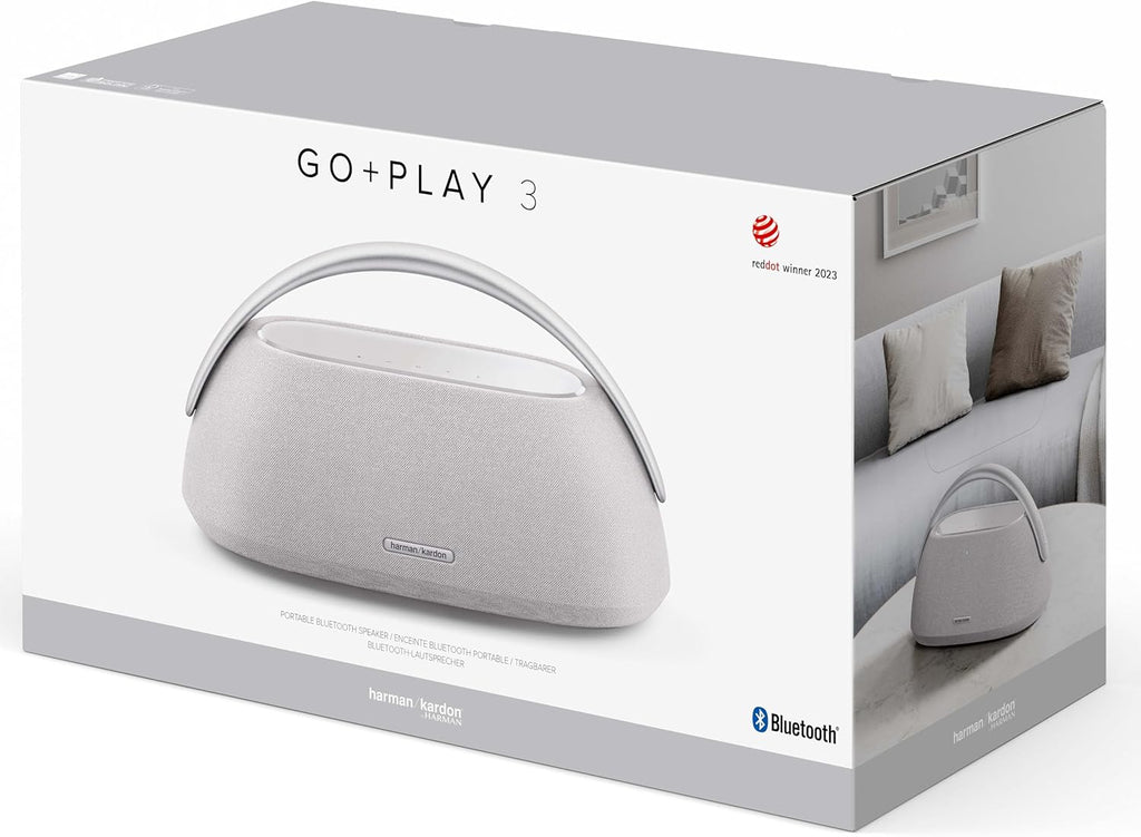 Harman Kardon Go+ Play 3 Bezprzewodowy Głośnik Bluetooth z Mikrofonem, USB, Wbudowanym Akumulatorem, 8h Odtwarzania i Dźwiękiem Stereo, Szary